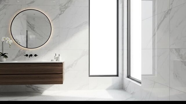 Modern minimalist bathroom featuring marble walls and sleek floating vanity