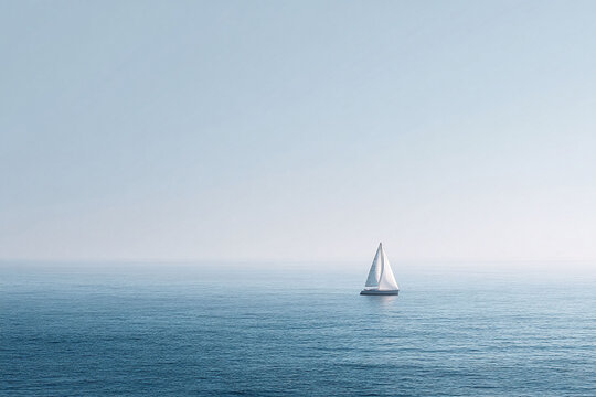 Serene ocean view featuring a lone sailboat gliding through calm blue waters under a soft, hazy sky. Represents freedom, journey, peace, and minimalist beauty.
