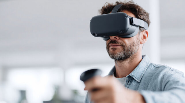 Immersive experience man wearing a VR headset exploring virtual reality. Concept for gaming, simulation, or innovative technology. Authentic, modern, future forward. - Powered by Adobe