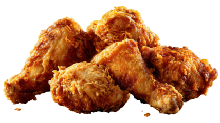 Crispy fried chicken drumsticks piled together with golden crunchy coating and juicy texture isolated on white