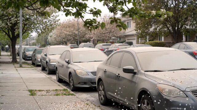 Parked cars covered in dust on quiet urban street. Dusty vehicles accumulating grime under blooming trees. Neglected automobiles in residential neighborhood footage.