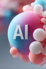 Artificial Intelligence sphere with colorful gradient and surrounding vibrant spheres