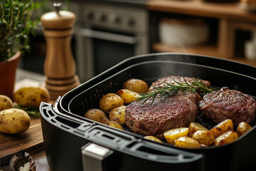 Air fryer in a cozy kitchen, preparing a hearty meal with beef steaks, potatoes, and rosemary, rustic design.