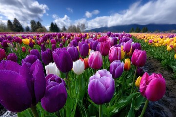 Vibrant tulip field blooming under a clear blue sky in springtime
