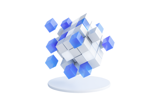 Business teamwork, communication concept - cube assembling from blocks isolated on a white background