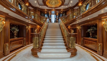 Opulent grand staircase in a luxurious interior, featuring richly polished wood paneling, intricate golden railings, and elegant design, evoking high-end luxury and sophisticated architecture.