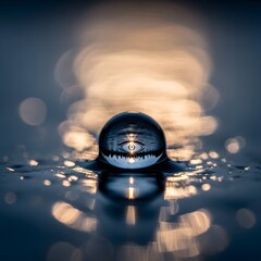 A close-up of a water droplet with a reflective surface capturing the sunset and creating a mesmerizing bokeh effect on the water's surface