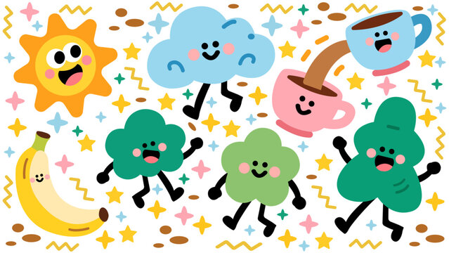 cheerful cartoon characters with happy sun cloud banana dancing trees coffee cups starry night fun.