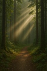 Fototapeta premium Soft sunbeams falling through quiet forest