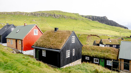 Scenic turf roofed houses in Mykines, Faroe Islands