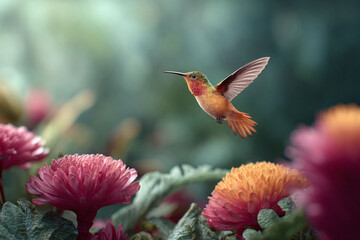 Fototapeta premium A hummingbird in flight, wings spread, hovers near vibrant flowers. Symbolizes beauty, nature, and freedom. Use for spring, summer, or ecological themes.