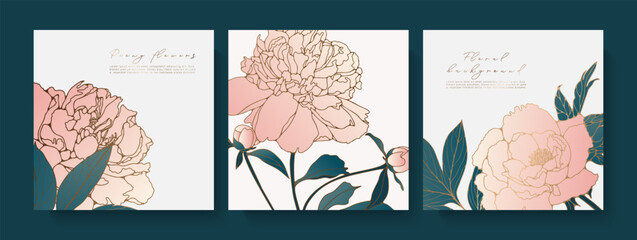 Luxury peonies flowers vector square greeting card templates set. Hand drawn peonies flowers floral illustration
