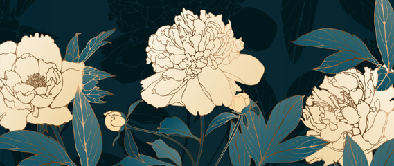 Luxury gold oriental floral horizontal design. Golden peony flowers abstract background for postcards, posters or banners