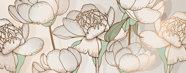 Luxury peonies flowers abstract vector floral background. Oriental style floral illustration