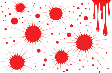 Blood splatter vector illustration with dripping stains, scattered droplets, burst splashes, abstract red liquid blot elements for horror design and graphic artwork