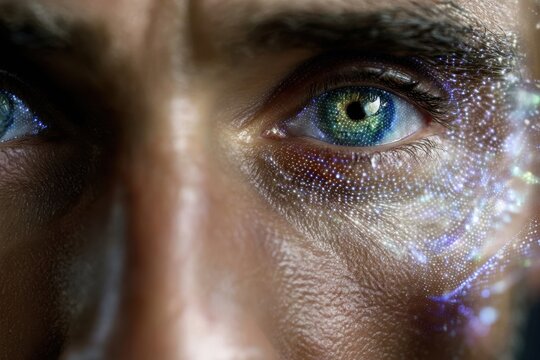 Close-up of an individual with vivid green eyes displaying intricate patterns on their skin - Powered by Adobe