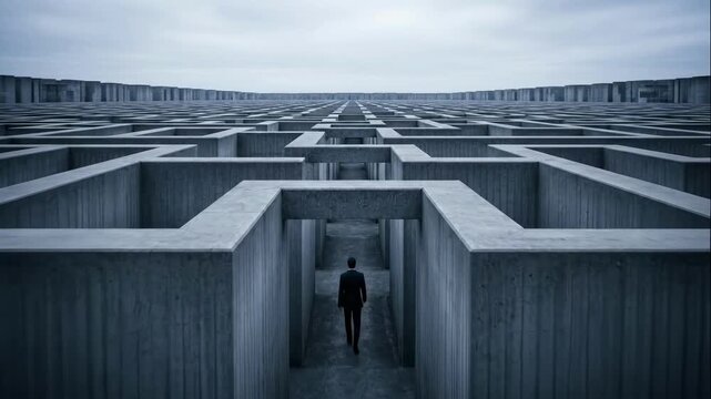 Surreal animation of a man walking through an endless concrete labyrinth. Navigating a complex maze. The concept of life's journey, challenges, and finding a solution