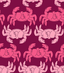 A bright and bold pattern with pink crabs on a burgundy background, dancing crabs