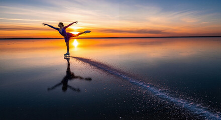 The silhouette of a lone figure skater in the swallow pose, gliding across the endless mirror of a frozen lake against a fiery sunset and leaving a long snow-white trail on the dark ice, asserting the