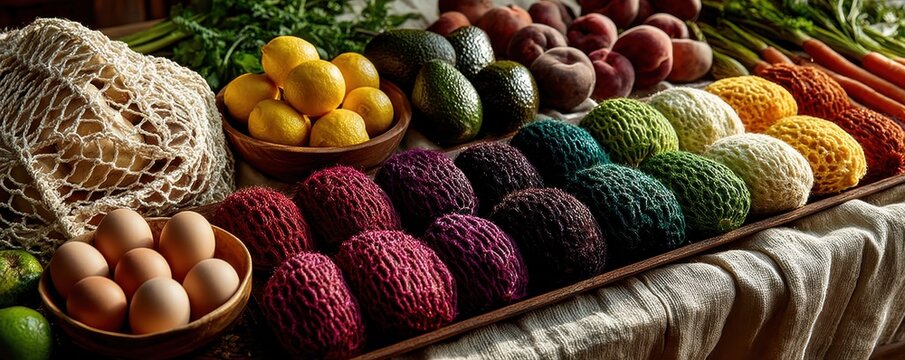 Colorful display of fresh organic produce and eco-friendly market items