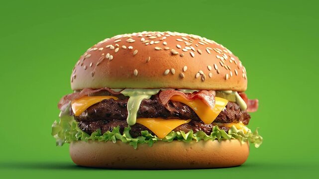 A Classic Feast: A meticulously crafted double cheeseburger, complete with sesame-seed bun, juicy patties, melted cheese, crisp lettuce, and a tantalizing sauce, beckons against a vibrant background.