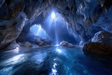 Naklejka premium Majestic underground cave illuminated by shimmering light reflections on water