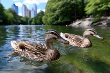 Ducks swimming peacefully in a serene urban park lake on a sunny day