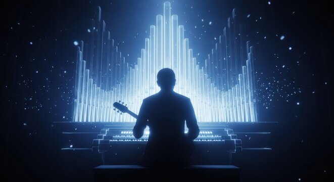 Silhouette of a dj performing with a glowing futuristic light show behind them