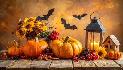 Autumnal Still Life with Pumpkins, Lantern, and Bats for Halloween.