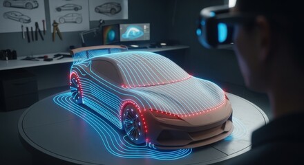 Futuristic car design concept with digital holographic projections and 3d modeling