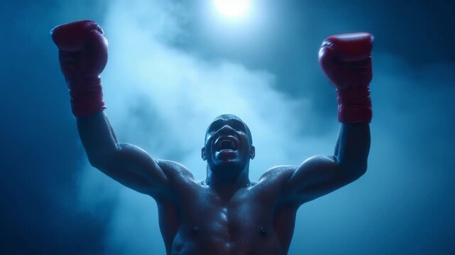 Victorious boxer beams with arms raised under smoky arena lighting