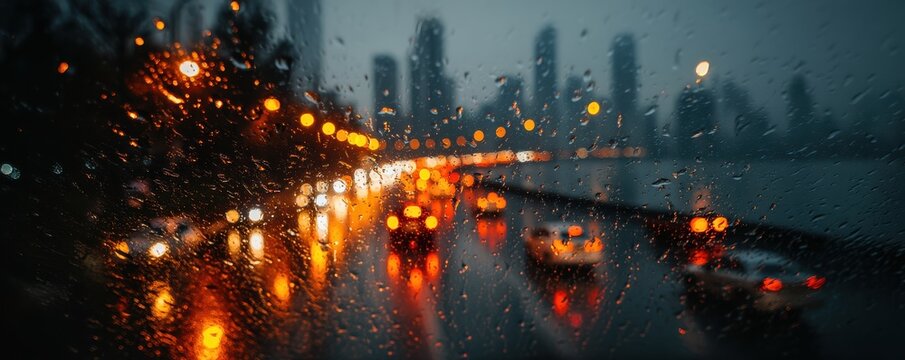 Rain-covered window overlooking blurred city traffic with glowing lights - Powered by Adobe