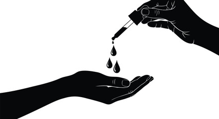 Silhouette of a hand holding a dropper dispensing liquid into an open palm against a white background