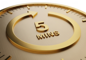 Five minute countdown timer isolated on transparent background for time management and deadlines