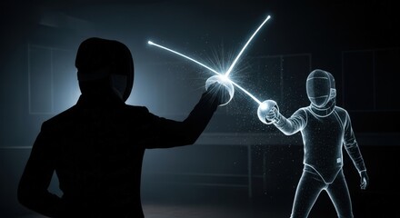 Two fencers in silhouette clash swords creating light trails in dark arena