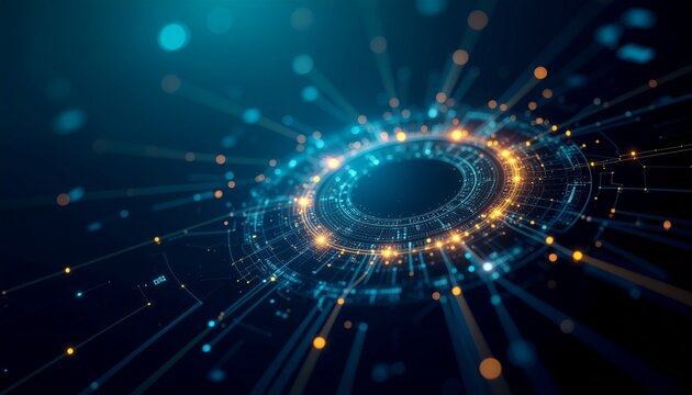 Digital Connectivity Hub: A mesmerizing digital abstract image featuring a luminous, interconnected network of data points radiating outward.