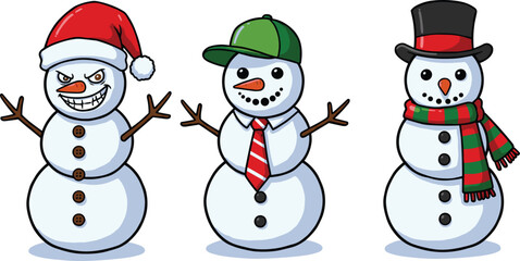 Cartoon snowmen characters in festive outfits with hats and scarves, cheerful winter holiday vector illustration for Christmas, celebration, seasonal decoration design