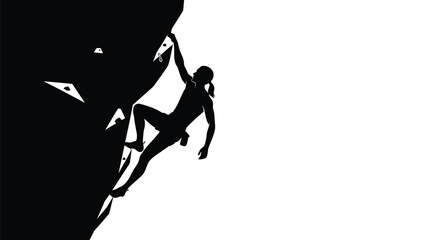 Silhouette of a determined rock climber scaling a steep cliff face with a stark black and white contrast