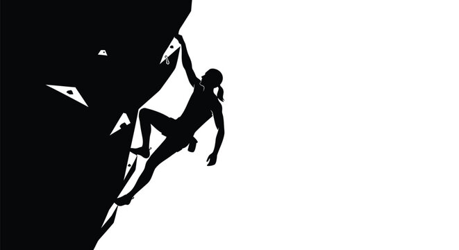 Silhouette of a determined rock climber scaling a steep cliff face with a stark black and white contrast