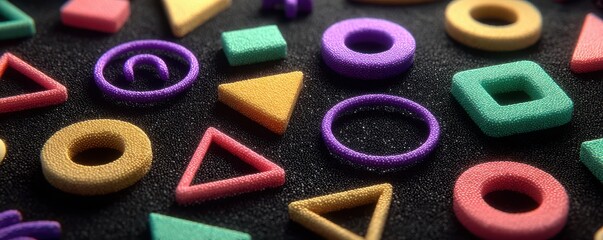 Colorful neon shapes arranged on a textured black background