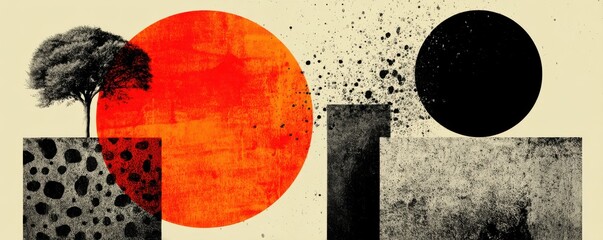 Abstract geometric art with a red circle and textural elements