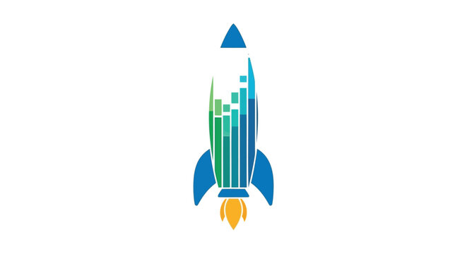 Blue rocket ship blasting off with abstract green and blue financial chart patterns inside