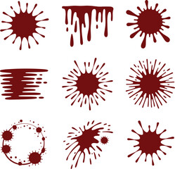 Red splatter vector collection with dripping stains, paint smudges, circular strokes, abstract liquid blot elements for graphic design, creative illustration projects