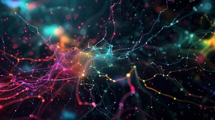 Fototapeta premium Abstract background of a colorful glowing network with interconnected lines and particles. Futuristic technology, big data, and artificial intelligence concept