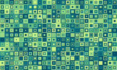 Abstract teal and lime green square mosaic pattern.  Perfect for backgrounds, website design, or textile prints. Represents digital technology, data streams, or modern art.