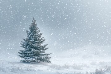 Obraz premium Snow-covered Evergreen Tree Standing Tall in a Winter Landscape With Falling Snowflakes