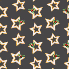 Seamless pattern of delicious watercolor gingerbread cookies with hollyberries on dark background. Bakery star decoration.