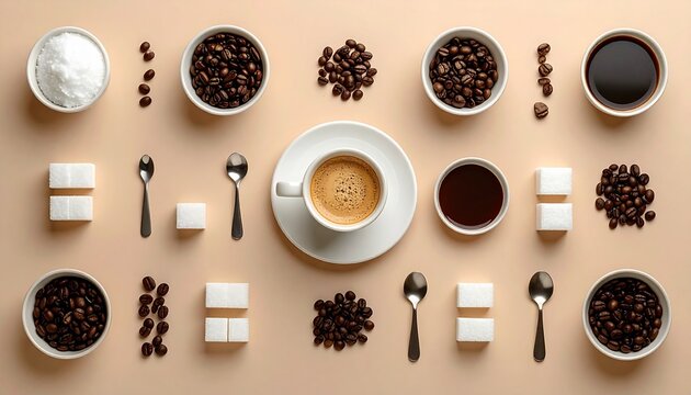 Flat lay of a perfectly organized coffee setup, symmetrical placement of cup, spoon, saucer, sugar cubes, and coffee beans