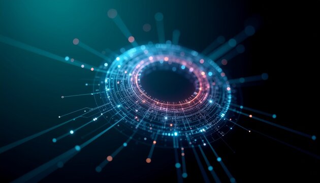 Abstract Digital Ring: A captivating, futuristic digital ring pulsates with vibrant energy, symbolizing connectivity, data flow, and technological advancement.