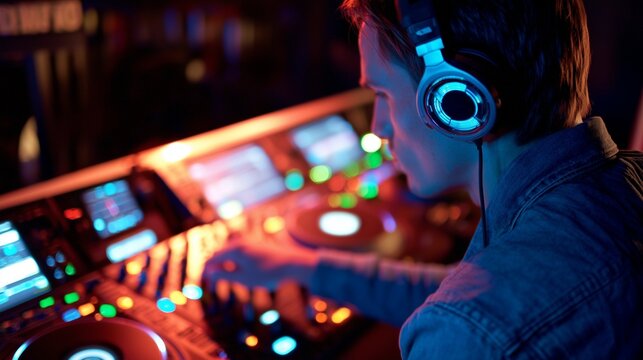 Radio mixing tracks with headphones on glowing console background, music production concept